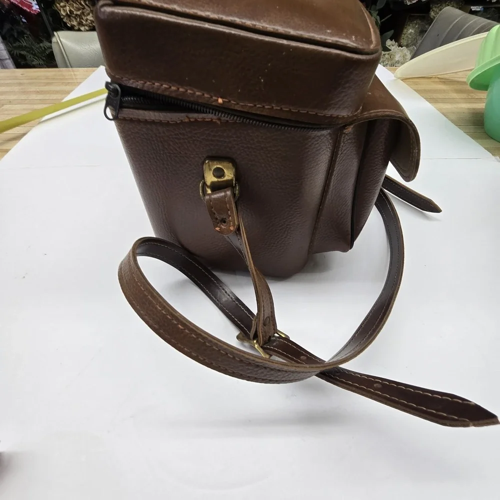 Vintage Hard Brown Leather? Like Camera Case Shoulder Bag Velvety Interior Strap